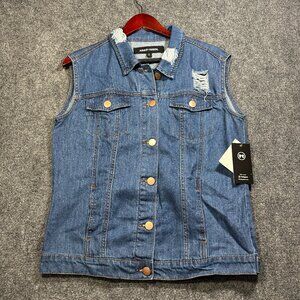 Ashley Mason Denim Vest Womens Small Jacket Distressed Bird Embellishment NEW